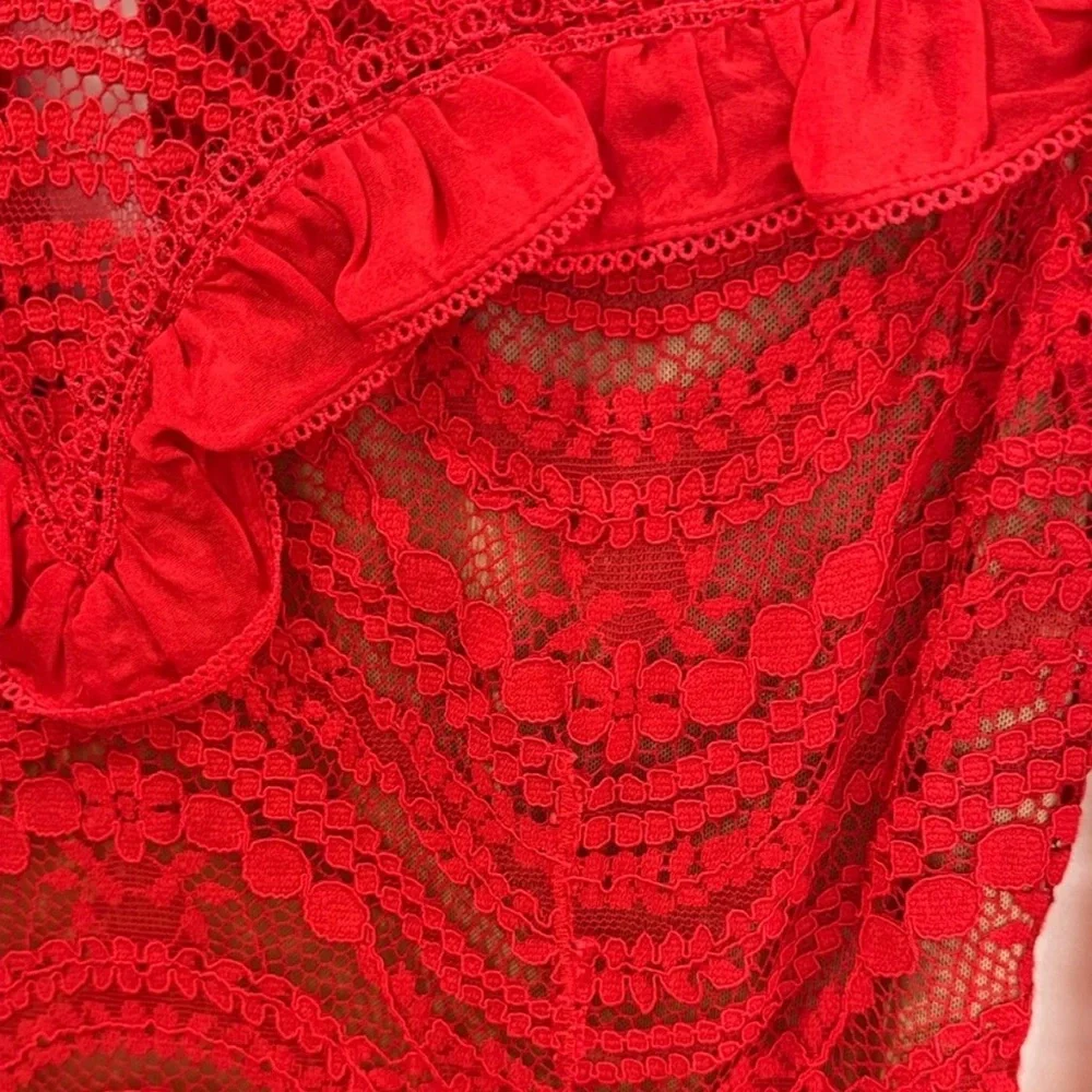 Jonathan Simkhai Red Lace Ruffle Mini Dress Long Sleeve Scallop Cocktail XS sz2 - Picture 9 of 15